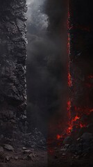 Obraz premium Volcanic fissure spewing lava, dark smoky sky, apocalyptic scene, environmental disaster