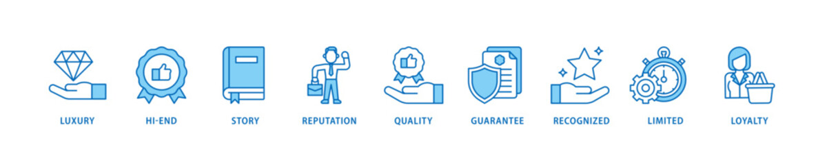 Superbrand icon set flow process which consists of luxury, hi-end, story, reputation, quality, guarantee, recognized, limited and loyalty icon live stroke and easy to edit .