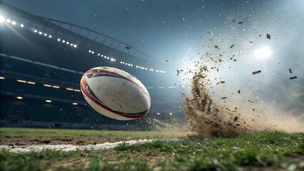 Rugby ball soaring through the air in a dramatic stadium scene