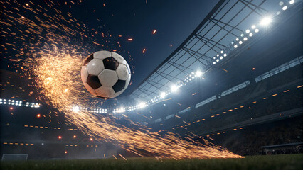 Soccer ball in mid-air with motion blur in a stadium at night