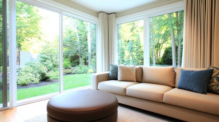 Cozy living room with a modern sofa, large windows overlooking a vibrant garden, and soft lighting
