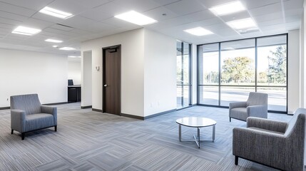 Modern professional office reception area with contemporary seating and large windows for natural light : Generative AI