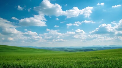 Fototapeta premium Breathtaking Green Meadow Landscape with Clear Blue Sky and Fluffy Clouds : Generative AI