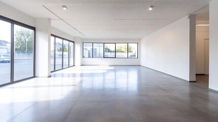 Empty Contemporary Office Space with Large Windows and Natural Light Ideal for Modern Business : Generative AI