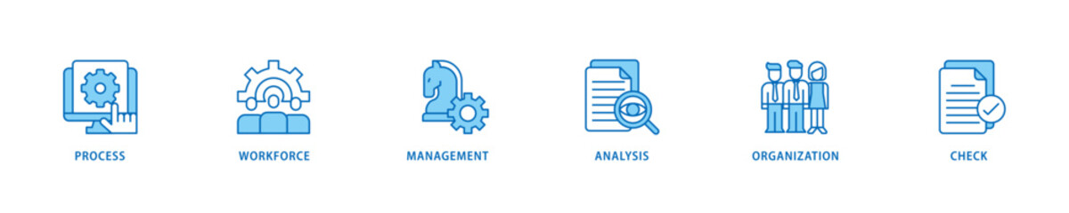 Fototapeta premium Total quality management icon set flow process which consists of process, workforce, management, analysis, organization and check icon live stroke and easy to edit .