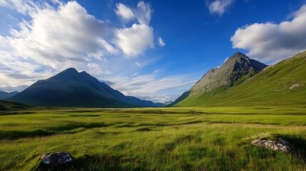 Naklejka premium Breathtaking Highland Valley with Lush Green Meadows and Dramatic Mountain Peaks Against Blue Sky : Generative AI
