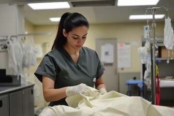 Obraz premium Nurse getting surgical gown ready in hospital OR