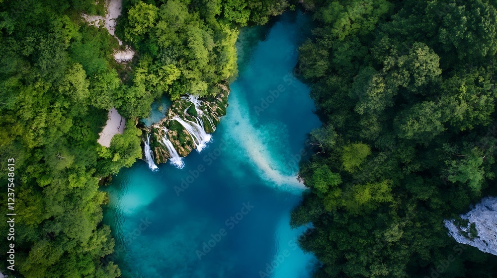 Poster aerial view of turquoise lake surrounded by dense green trees : generative ai