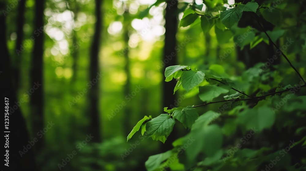 Poster lush green woodland with sunlight filtering through trees : generative ai