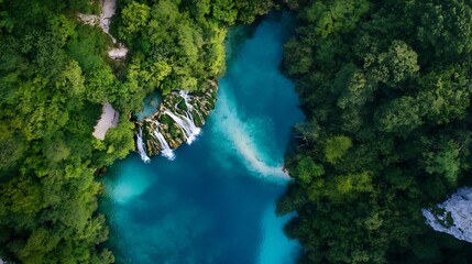 Aerial View of Turquoise Lake Surrounded by Dense Green Trees : Generative AI