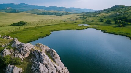 Obraz premium Scenic Aerial View of a Serene Lake Surrounded by Rolling Green Hills : Generative AI