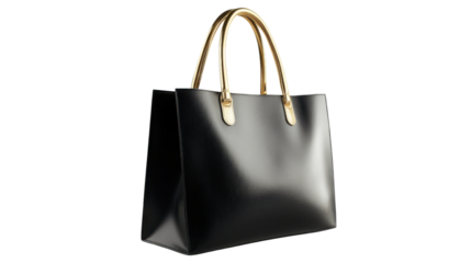 Elegant black leather shopping bag with gold handles on transparent background