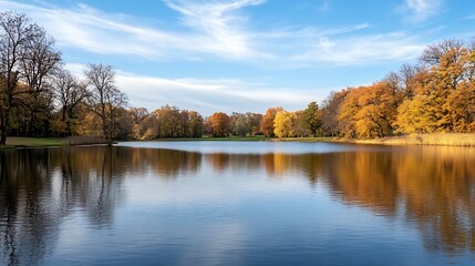 Serene Autumn Lake Reflection with Vibrant Fall Foliage and Clear Blue Sky : Generative AI
