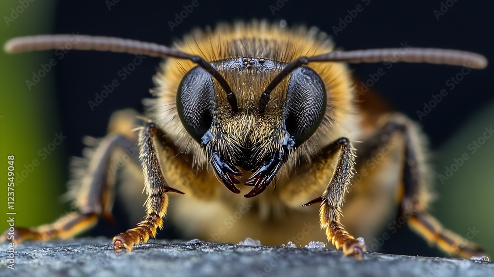 Poster macro shot of honeybee with detailed eyes and fur against a dark backdrop : generative ai