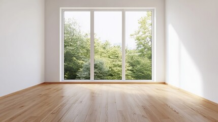 Fototapeta premium Bright Empty Room with Large Window Overlooking Lush Greenery and Natural Light : Generative AI