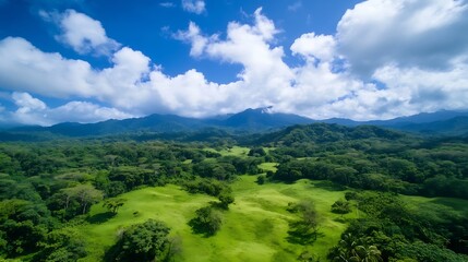 Obraz premium Spectacular Aerial View of Central American Rainforest Under Bright Blue Sky with White Clouds : Generative AI