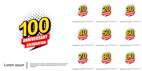 Set of 10-100th years anniversary celebration emblem. anniversary logo isolated with red ribbon on white background. vector illustration template design for web, flyers, poster, greeting card