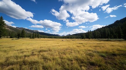 Fototapeta premium Expansive Mountain Valley Meadow Under a Vibrant Blue Sky with Rolling Clouds and Dense Forests : Generative AI