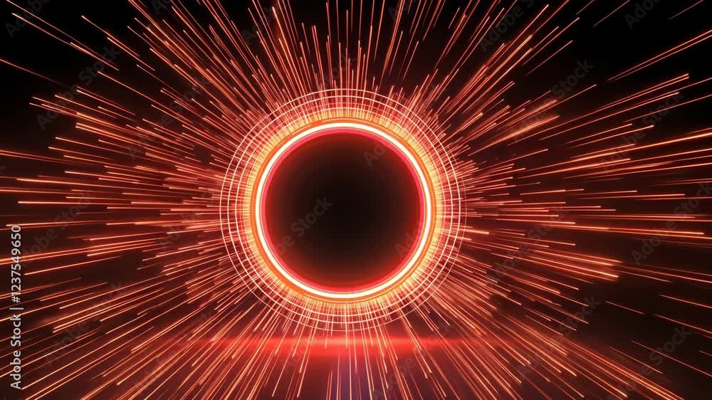 Poster vibrant circular light pattern radiates dynamic red and orange streaks and beams against dark backgr