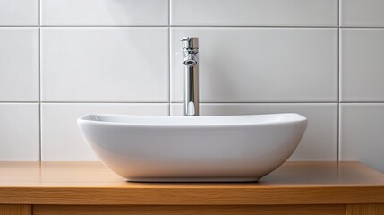 Fototapeta premium A Modern, Minimalist Bathroom Sink With A Chrome Faucet Sits On A Light Wood Countertop Against A White Tiled Wall. Clean And Simple Design.