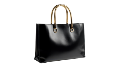 Black leather handbag with golden handles isolated on transparent background