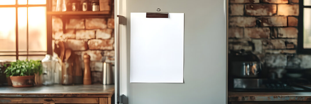 white paper pinned to a refrigerator with a magnet, waiting for notes or a grocery list to be written