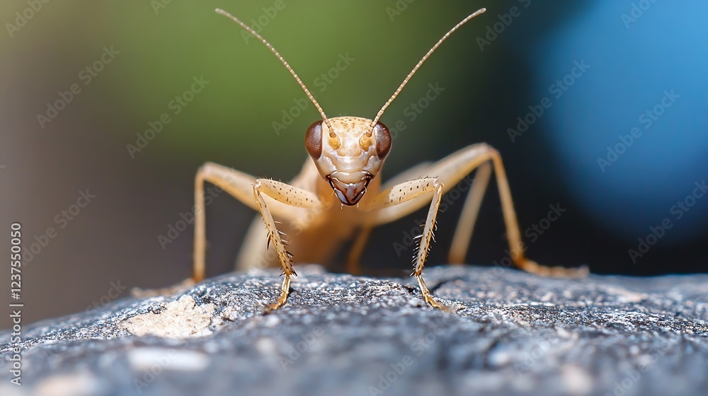 Poster a closeup portrait of a tan mantis on rock with colorful blurred background : generative ai