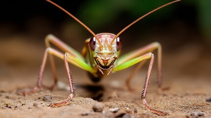 Macro Closeup of Green Katydid on Soil with Blurred Background Showing Antenna and Intricate Details : Generative AI