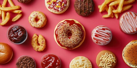 Fototapeta premium Delicious Donuts, Fries, and Sauces Flat Lay on Pink Backdrop, Generated AI