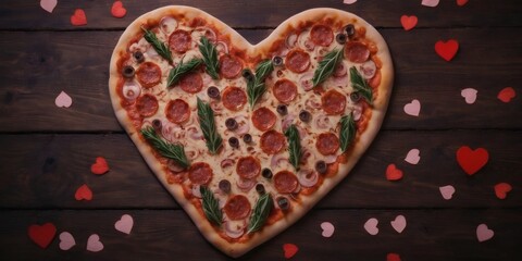 Fototapeta premium Flat lay view of pizza in shape of romantic heart, in the stile of valentine s day,