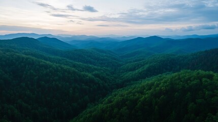 Naklejka premium Expansive view of lush green forested hills under a serene sky ideal for peaceful nature retreats : Generative AI
