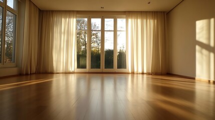 Obraz premium Warm Sunlit Empty Room with Large Windows and Wooden Floor Creating a Serene Ambiance : Generative AI