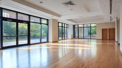 Fototapeta premium Spacious sunlit conference room with hardwood floors and floor to ceiling windows for business events : Generative AI