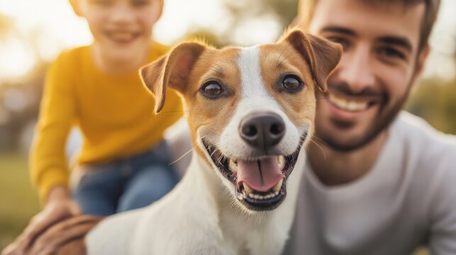 Father and son with smiling faces playing with a dog
