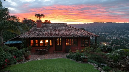 Sunset View from Hilltop Home: Serene Evening at a Ranch-Style House