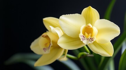 Obraz premium Elegant Yellow Orchids in Full Bloom with Rich Details on a Dark Background Displaying Natural Beauty : Generative AI