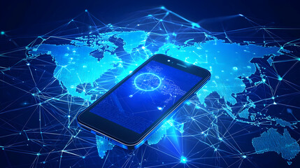 A smartphone displays a glowing digital network over a stylized world map, symbolizing global connectivity and technology.