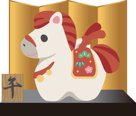 年賀2026　年賀状2026　馬　午　土鈴　干支　金屏風　かわいい　シンプル　デザイン　イラスト素材