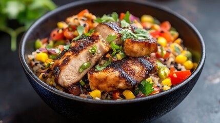 Fototapeta premium Grilled Chicken with Fresh Vegetable and Quinoa Mix in Rustic Bowl NutrientRich Lunch Delight : Generative AI