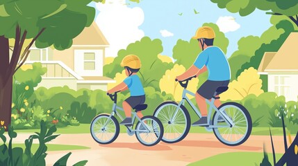 Father teaching his young son to ride bicycle while wearing a helmet for safety on road, cartoon style of art