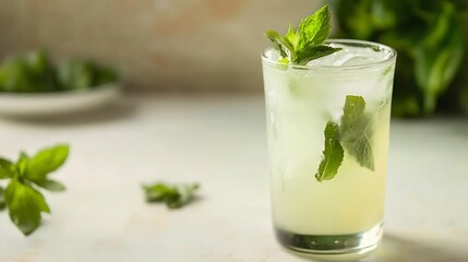 Refreshing Mint Lemonade with Fresh Mint Leaves and Ice on a Sunny Day : Generative AI