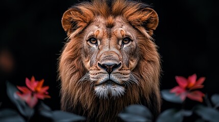 Fototapeta premium Majestic lion portrait, jungle setting, powerful gaze, wildlife photography, nature background