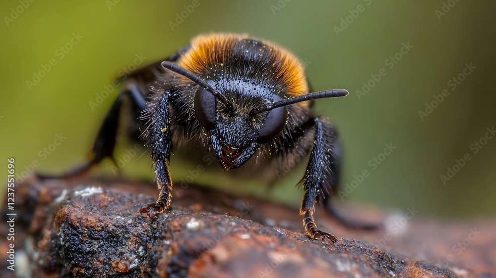 Poster hairy bumblebee with black and yellow stripes on brown surface focusing on face and texture : genera