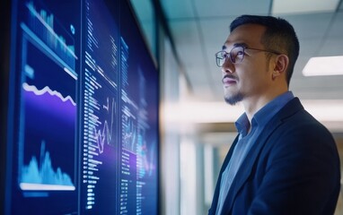 Professional man analyzing data on a digital screen in a modern office environment with graphs