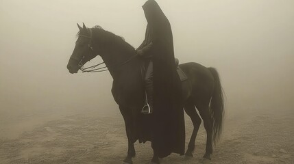 Mysterious Rider in Fog: A Horseback Journey into the Unknown