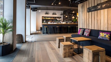 Cozy Modern Cafe Interior with Wooden Decor and Contemporary Seating : Generative AI