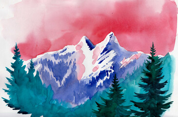 Lions mountain in Vancouver, Canada. Hand drawn watercolour illustration