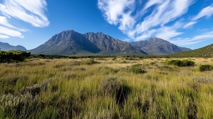 Expansive mountain landscape under a vibrant blue sky and airy clouds : Generative AI