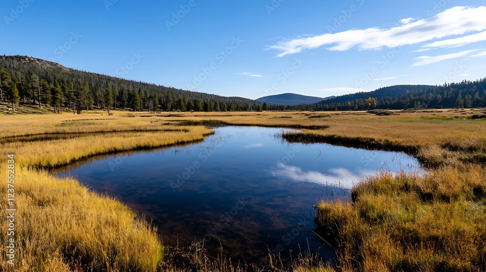 Aufkleber pristine mountain lake surrounded by autumnal fields and pine forests : generative ai