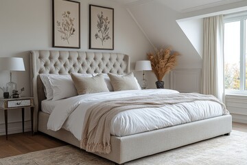 Spacious French-style bedroom with light gray bed headboard, decorative art, and beige area rug, bright and cozy atmosphere.
